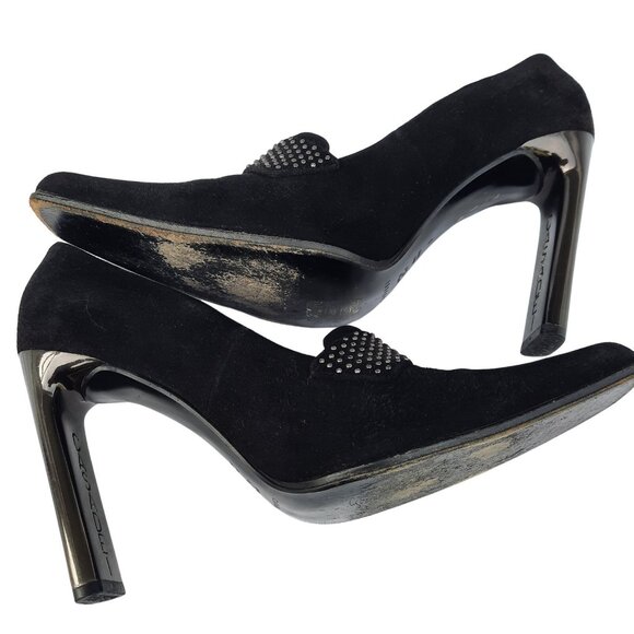 Vintage 90s Casadei Heels Square Toe US Size 8 Black Suede Studded Pumps - Picture 8 of 14